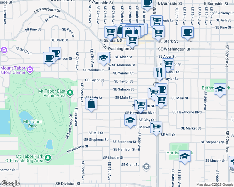 map of restaurants, bars, coffee shops, grocery stores, and more near 7617 Southeast Main Street in Portland