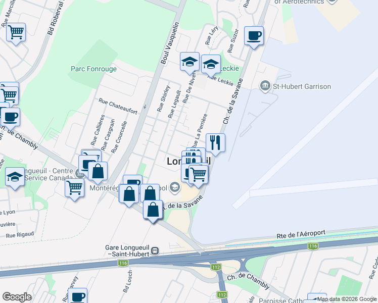 map of restaurants, bars, coffee shops, grocery stores, and more near 4234 Rue La Perrière in Longueuil