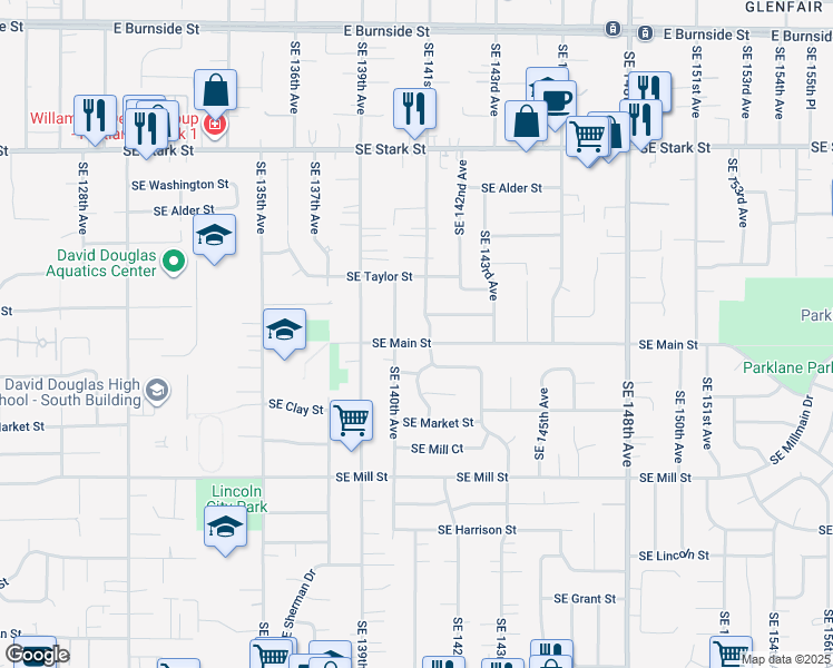 map of restaurants, bars, coffee shops, grocery stores, and more near 1225 Southeast 141st Avenue in Portland
