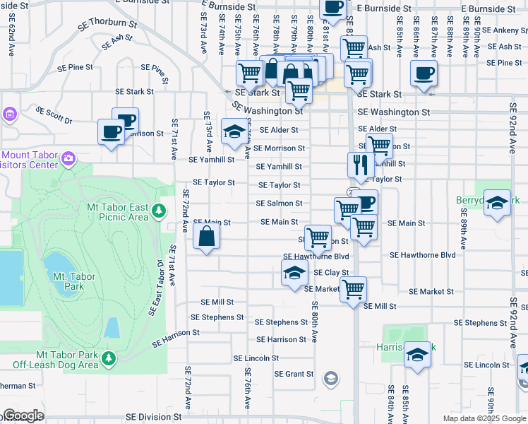 map of restaurants, bars, coffee shops, grocery stores, and more near 7623 Southeast Salmon Street in Portland
