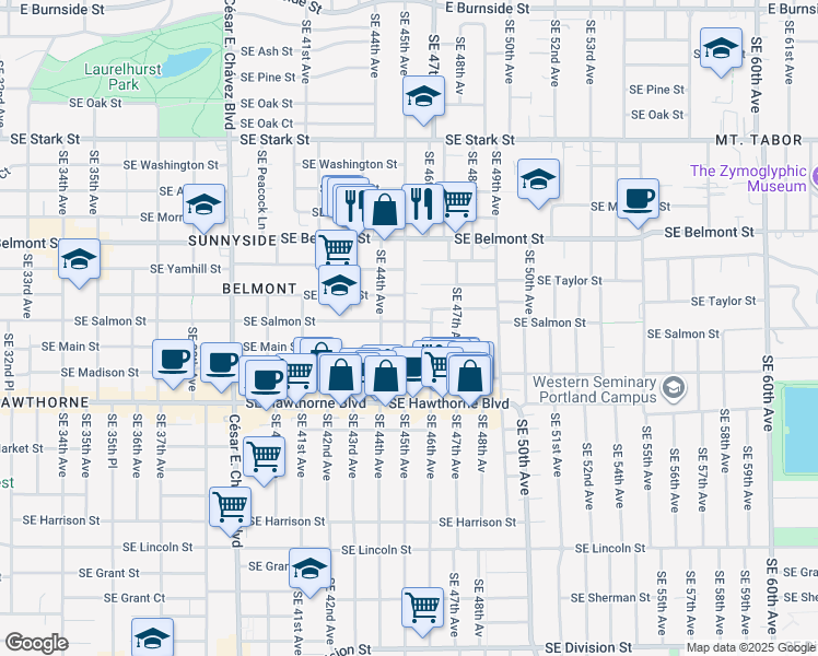 map of restaurants, bars, coffee shops, grocery stores, and more near 1134 Southeast 45th Avenue in Portland