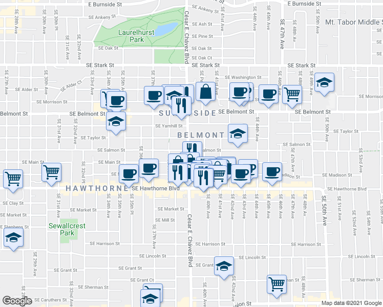 map of restaurants, bars, coffee shops, grocery stores, and more near 3939 Southeast Salmon Street in Portland