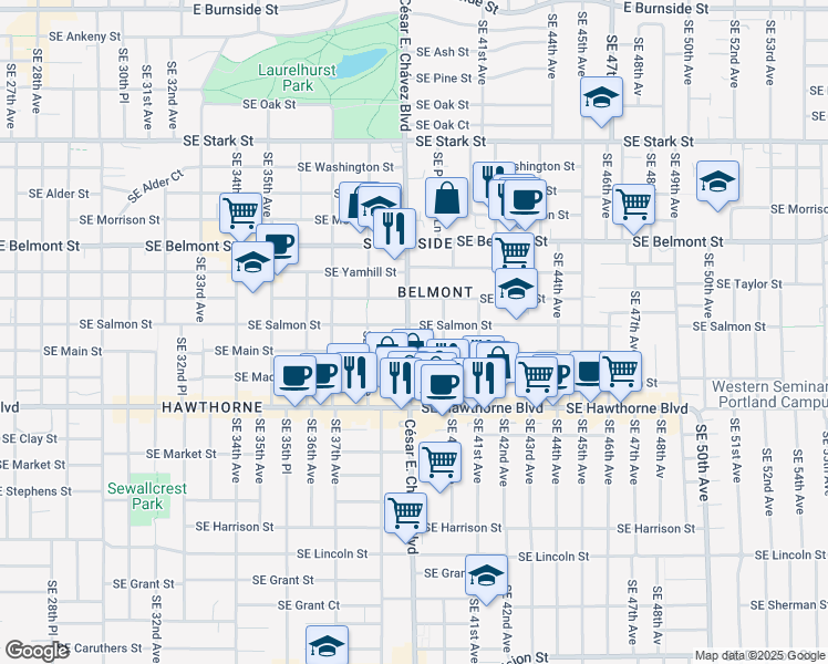 map of restaurants, bars, coffee shops, grocery stores, and more near 3939 Southeast Salmon Street in Portland