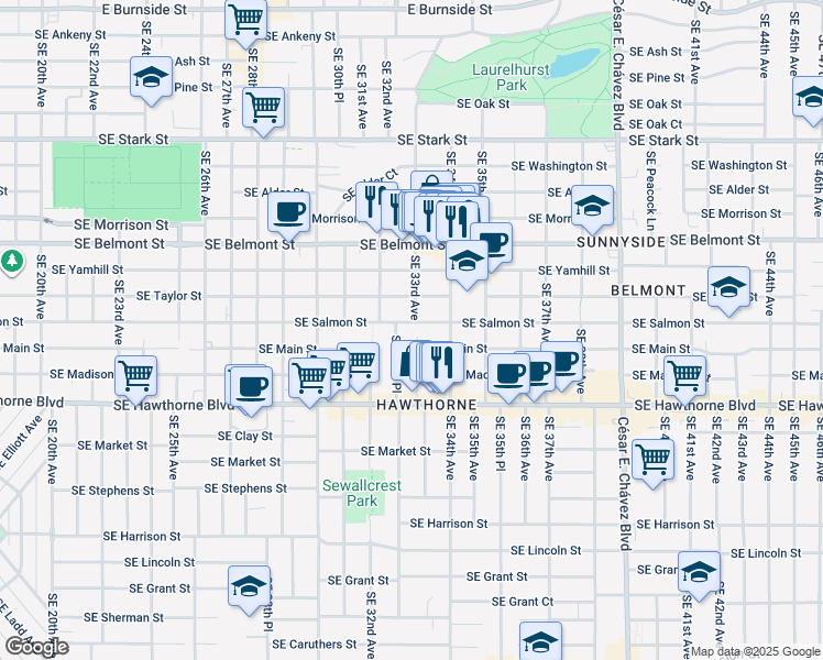 map of restaurants, bars, coffee shops, grocery stores, and more near 1126 Southeast 33rd Avenue in Portland