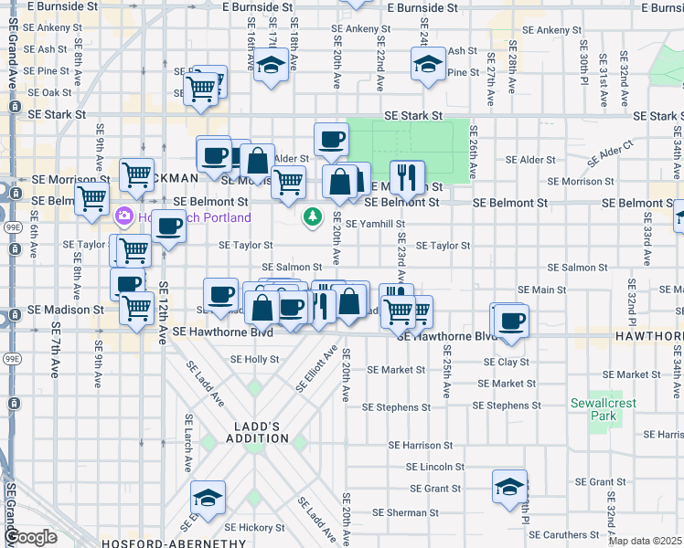 map of restaurants, bars, coffee shops, grocery stores, and more near 1137 Southeast 20th Avenue in Portland