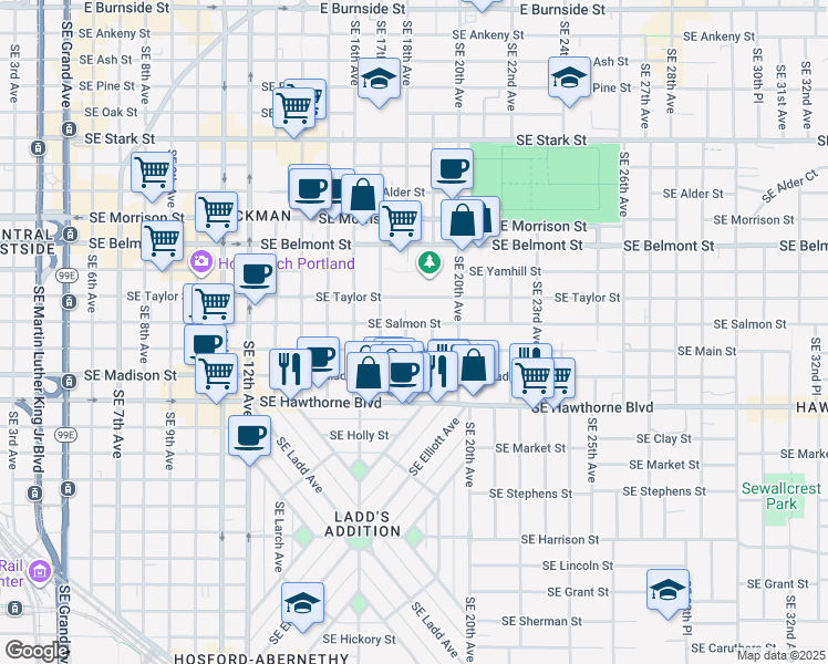 map of restaurants, bars, coffee shops, grocery stores, and more near 1807 Southeast Salmon Street in Portland