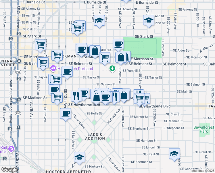 map of restaurants, bars, coffee shops, grocery stores, and more near 1807 Southeast Salmon Street in Portland