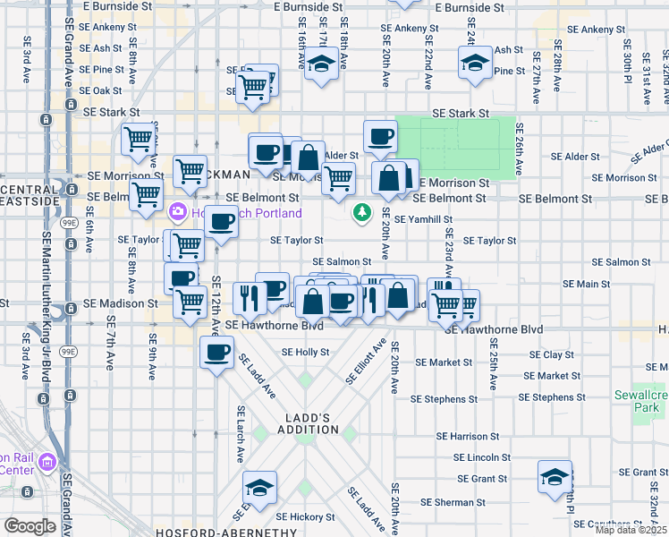 map of restaurants, bars, coffee shops, grocery stores, and more near 1807 Southeast Salmon Street in Portland