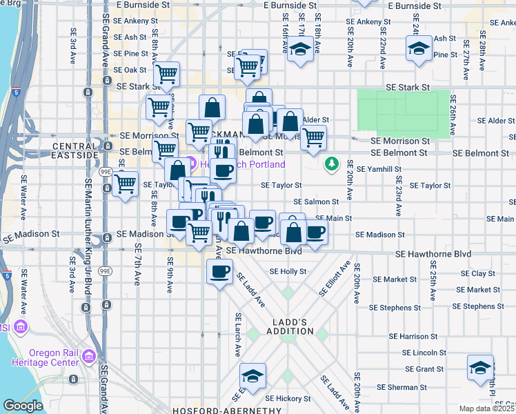 map of restaurants, bars, coffee shops, grocery stores, and more near 1325 Southeast Salmon Street in Portland