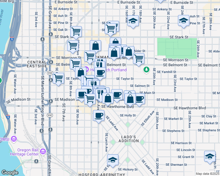 map of restaurants, bars, coffee shops, grocery stores, and more near 1325 Southeast Salmon Street in Portland