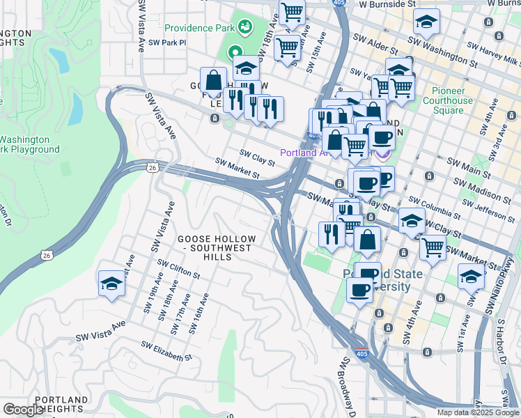 map of restaurants, bars, coffee shops, grocery stores, and more near 1449 Southwest Montgomery Street in Portland