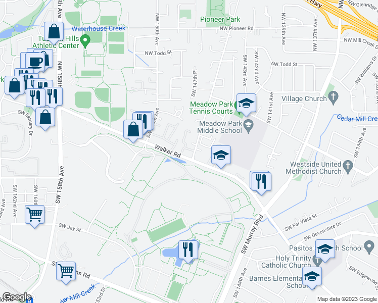 map of restaurants, bars, coffee shops, grocery stores, and more near 14779 Southwest Trout Creek Lane in Beaverton