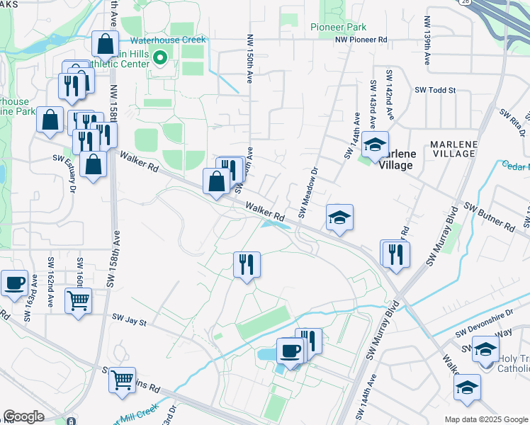 map of restaurants, bars, coffee shops, grocery stores, and more near 14869 Southwest Walker Road in Beaverton