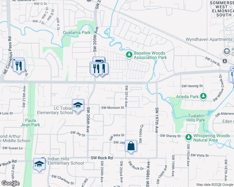 map of restaurants, bars, coffee shops, grocery stores, and more near 735 Southwest Backcourt Place in Beaverton