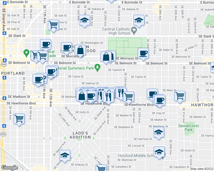 map of restaurants, bars, coffee shops, grocery stores, and more near 1137 Southeast 20th Avenue in Portland