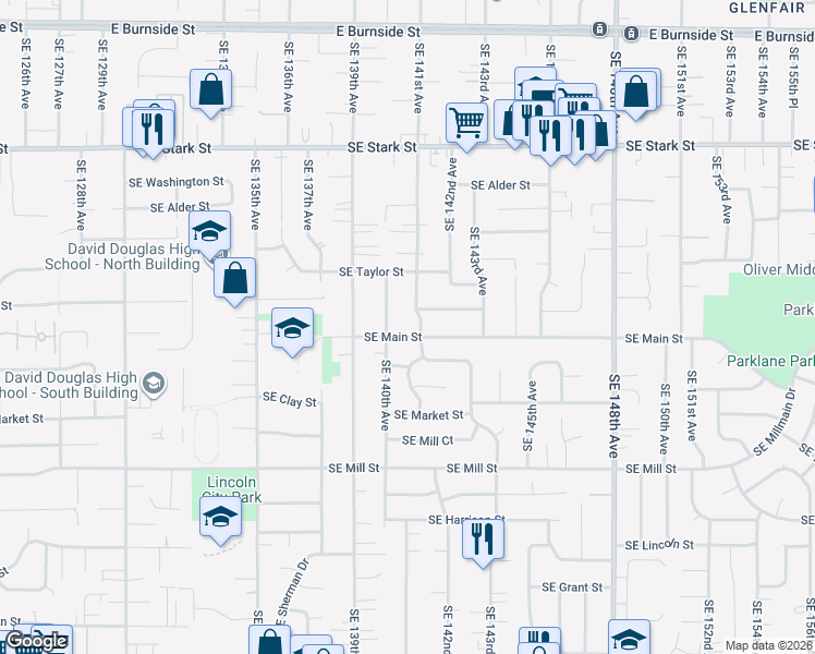 map of restaurants, bars, coffee shops, grocery stores, and more near 1225 Southeast 141st Avenue in Portland