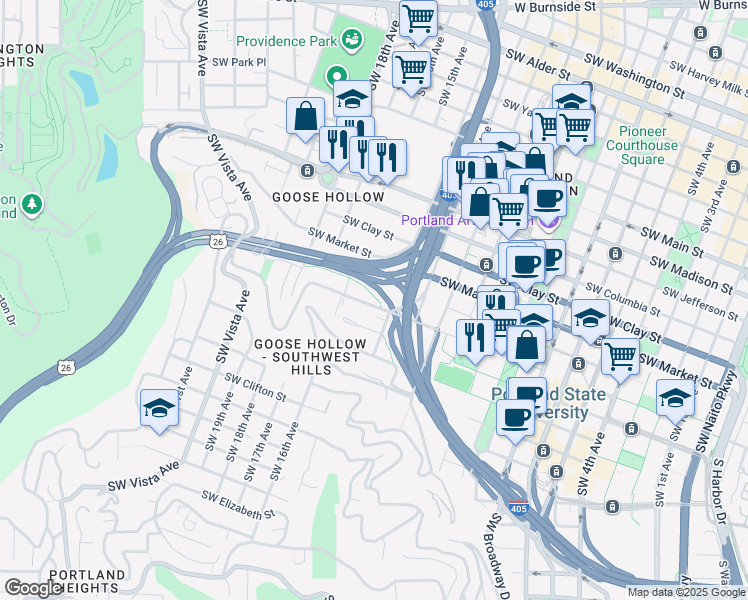 map of restaurants, bars, coffee shops, grocery stores, and more near 1449 Southwest Montgomery Street in Portland
