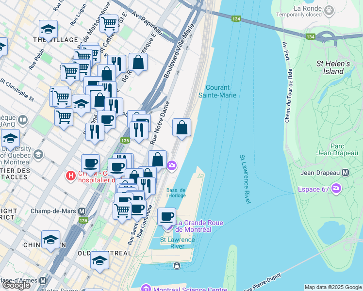 map of restaurants, bars, coffee shops, grocery stores, and more near 1000 de la Commune Street East in Montreal