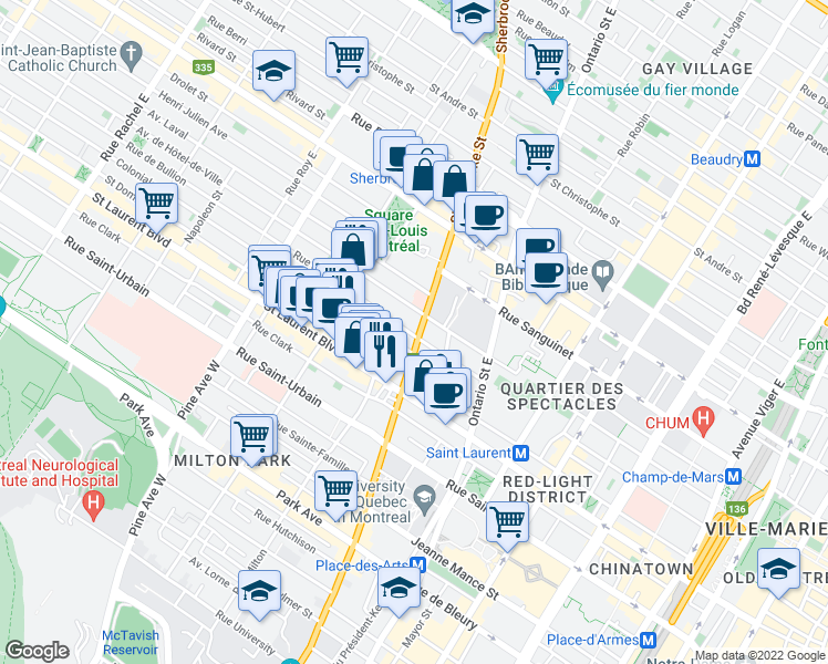 map of restaurants, bars, coffee shops, grocery stores, and more near 169 SHERBROOKE RUE E in Montreal