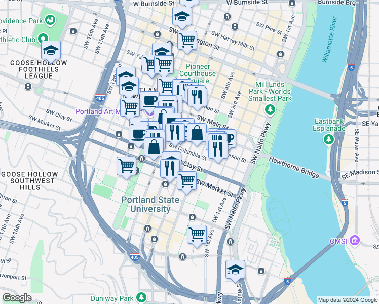 map of restaurants, bars, coffee shops, grocery stores, and more near Southwest 5th Avenue in Portland