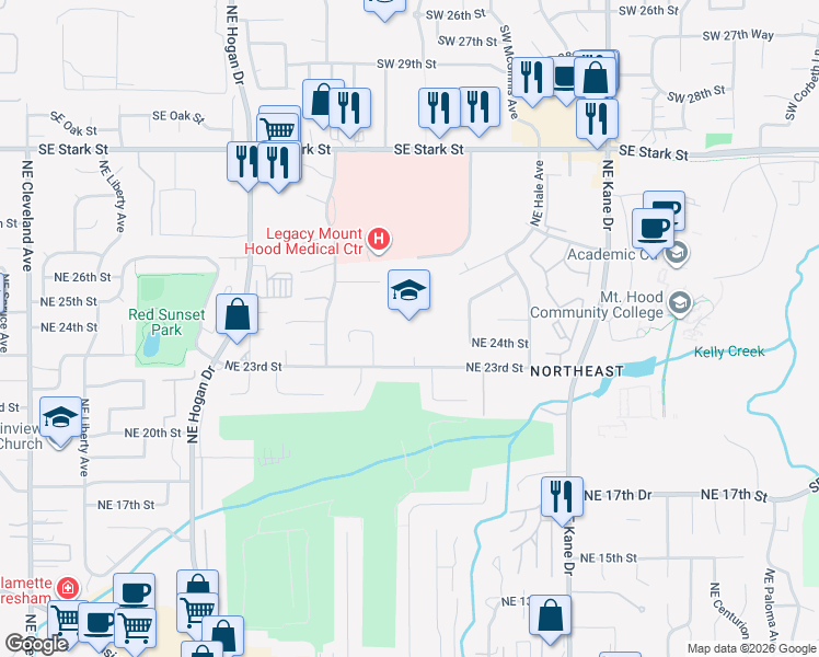map of restaurants, bars, coffee shops, grocery stores, and more near 2505 Northeast 23rd Street in Gresham