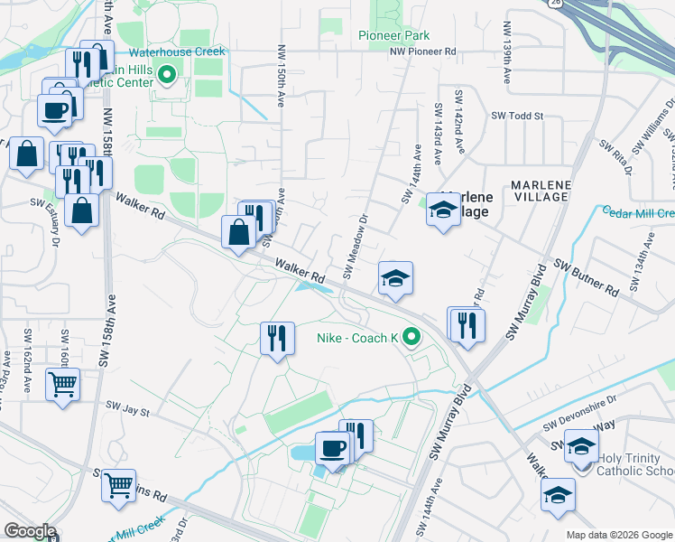 map of restaurants, bars, coffee shops, grocery stores, and more near 14779 Southwest Trout Creek Lane in Beaverton