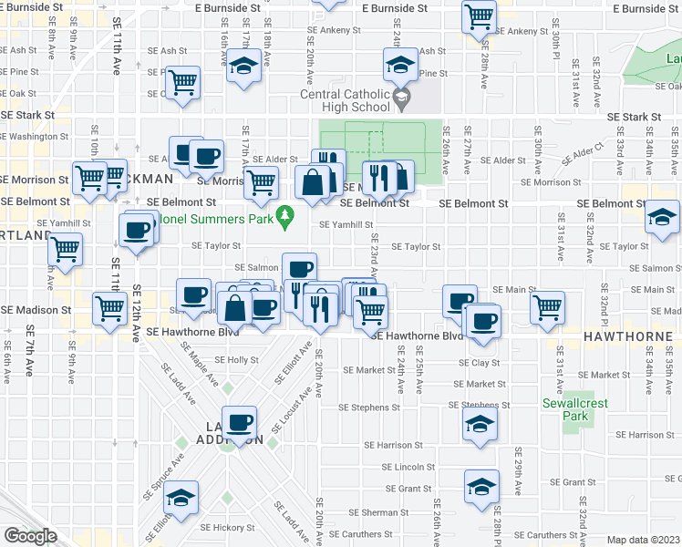 map of restaurants, bars, coffee shops, grocery stores, and more near 2116 Southeast Salmon Street in Portland