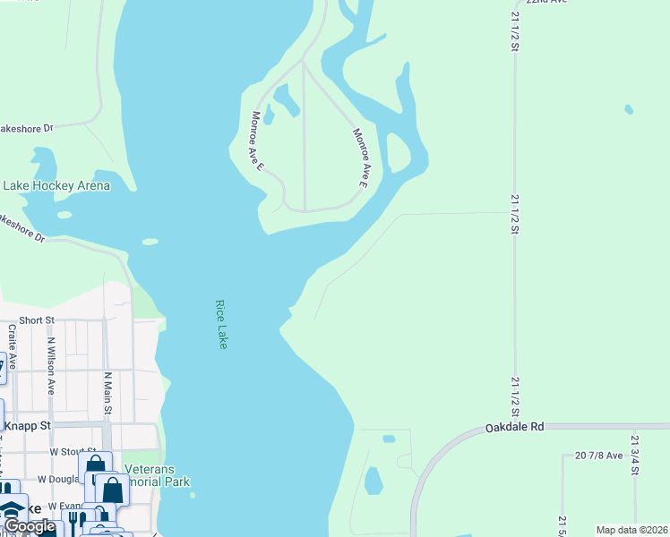map of restaurants, bars, coffee shops, grocery stores, and more near 2120 21 1/4 Street in Rice Lake