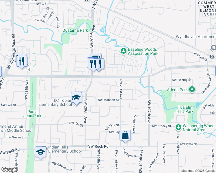 map of restaurants, bars, coffee shops, grocery stores, and more near 743 Southwest 203rd Place in Aloha