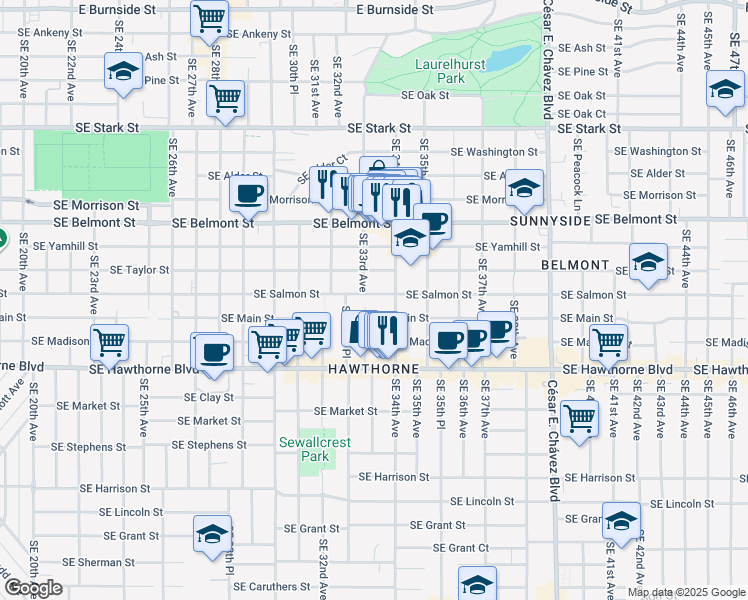 map of restaurants, bars, coffee shops, grocery stores, and more near 3318 Southeast Salmon Street in Portland