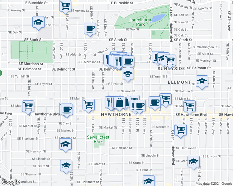 map of restaurants, bars, coffee shops, grocery stores, and more near 3318 Southeast Salmon Street in Portland