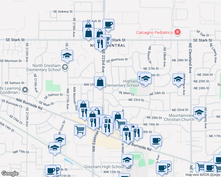 map of restaurants, bars, coffee shops, grocery stores, and more near 1137 Southeast 224th Avenue in Gresham