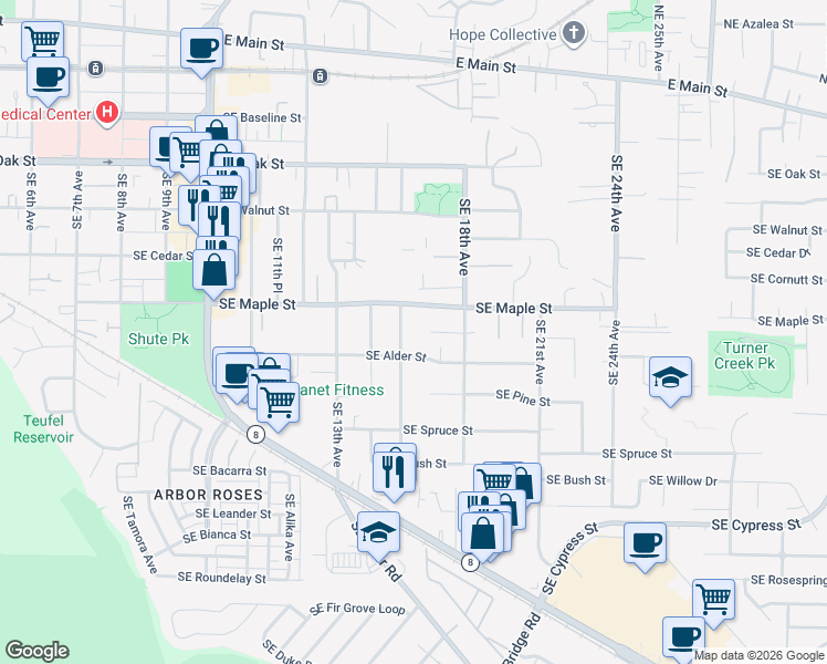 map of restaurants, bars, coffee shops, grocery stores, and more near 762 Southeast 16th Avenue in Hillsboro