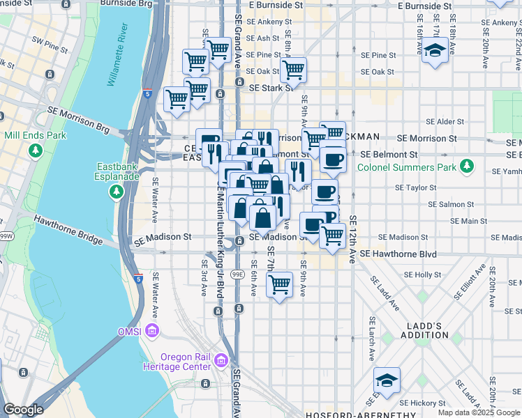 map of restaurants, bars, coffee shops, grocery stores, and more near 625 Southeast Salmon Street in Portland