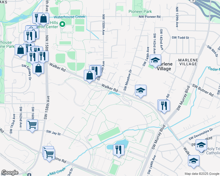 map of restaurants, bars, coffee shops, grocery stores, and more near 14869 Southwest Walker Road in Beaverton