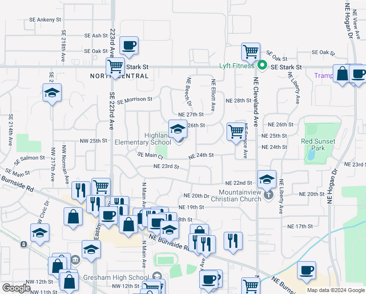 map of restaurants, bars, coffee shops, grocery stores, and more near 295 Northeast 24th Street in Gresham