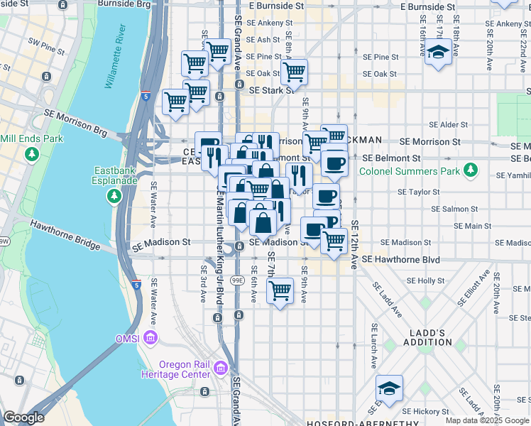 map of restaurants, bars, coffee shops, grocery stores, and more near 625 Southeast Salmon Street in Portland