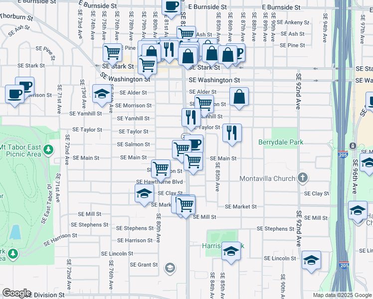 map of restaurants, bars, coffee shops, grocery stores, and more near Southeast Salmon Street in Portland