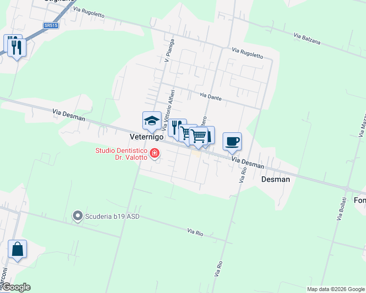 map of restaurants, bars, coffee shops, grocery stores, and more near 24 Via Desman in Veternigo