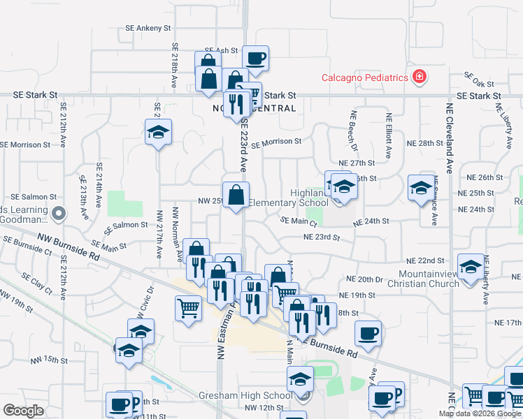 map of restaurants, bars, coffee shops, grocery stores, and more near 1137 Southeast 224th Avenue in Gresham