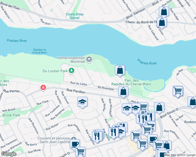 map of restaurants, bars, coffee shops, grocery stores, and more near 5210 Rue Riviera in Montréal