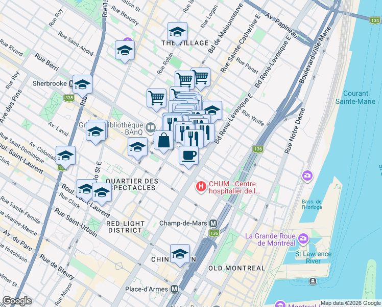 map of restaurants, bars, coffee shops, grocery stores, and more near 1211 Rue Berri in Montréal
