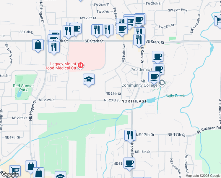 map of restaurants, bars, coffee shops, grocery stores, and more near 2835 Northeast 25th Court in Gresham