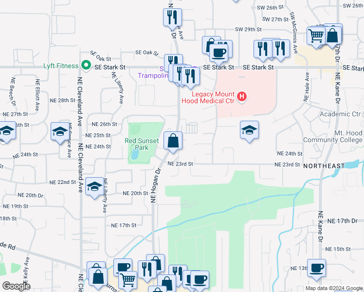 map of restaurants, bars, coffee shops, grocery stores, and more near 2468 Northeast View Place in Gresham