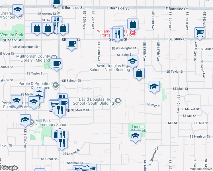 map of restaurants, bars, coffee shops, grocery stores, and more near 1221 Southeast 130th Avenue in Portland