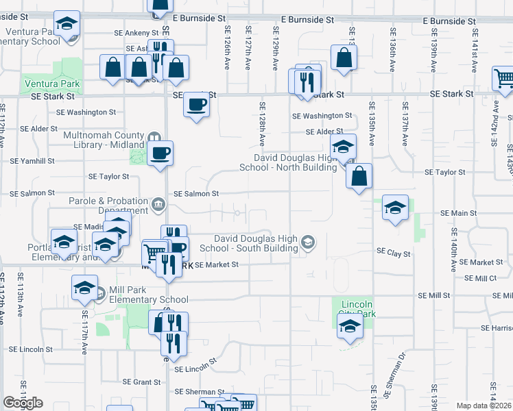 map of restaurants, bars, coffee shops, grocery stores, and more near 12724 Southeast Salmon Street in Portland