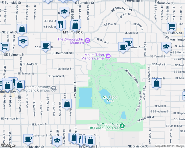 map of restaurants, bars, coffee shops, grocery stores, and more near 5511 Southeast Hawthorne Boulevard in Portland