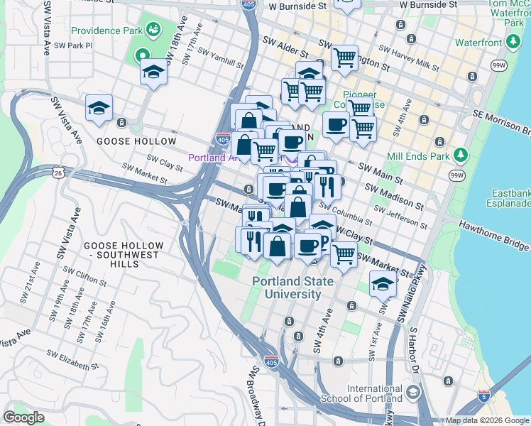 map of restaurants, bars, coffee shops, grocery stores, and more near 1500 Southwest 11th Avenue in Portland