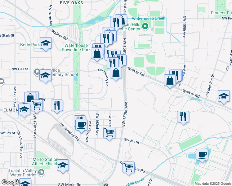 map of restaurants, bars, coffee shops, grocery stores, and more near 735 Southwest 158th Avenue in Beaverton