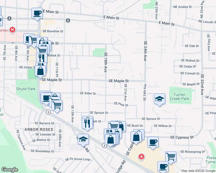 map of restaurants, bars, coffee shops, grocery stores, and more near 1834 Southeast Maple Street in Hillsboro